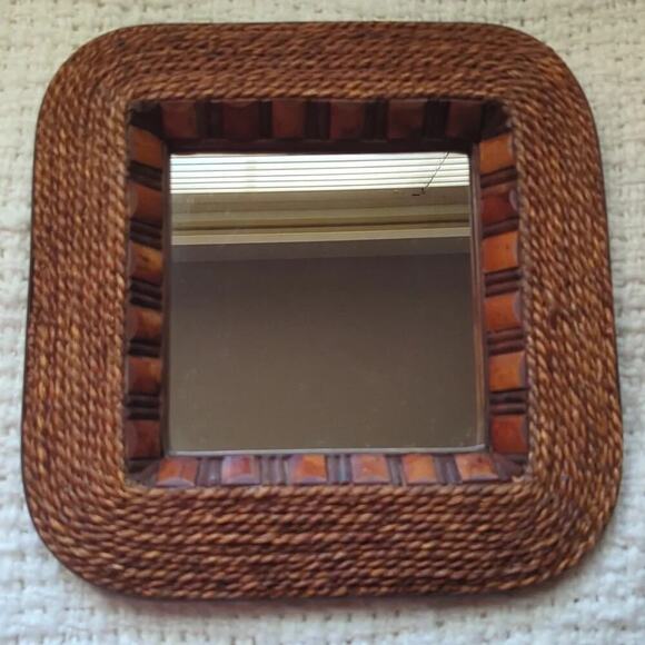 Vintage Rope Twisted Bamboo Square Wall Decor Mirror 13.5" - Picture 1 of 9